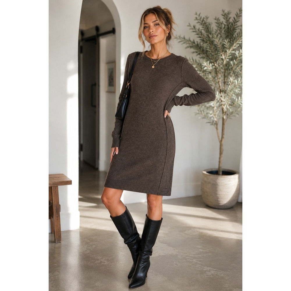 J. Jill Brown Wool Cashmere Italian Yarn Sweater Dress Petite Medium Long Sleeve